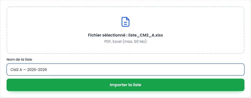 Écran « Importer une liste » : fichier Excel de la classe sélectionné et nom de la liste